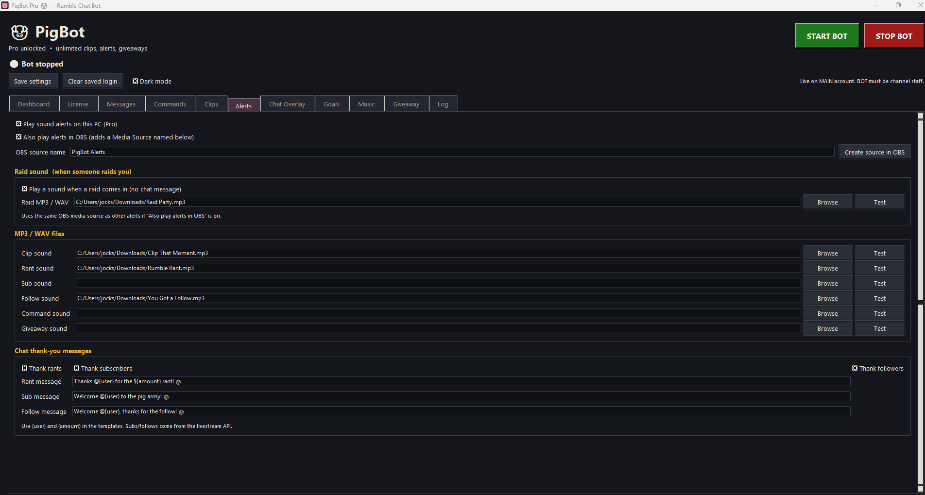 Alerts tab with raid sound, MP3 files, and thank-you messages