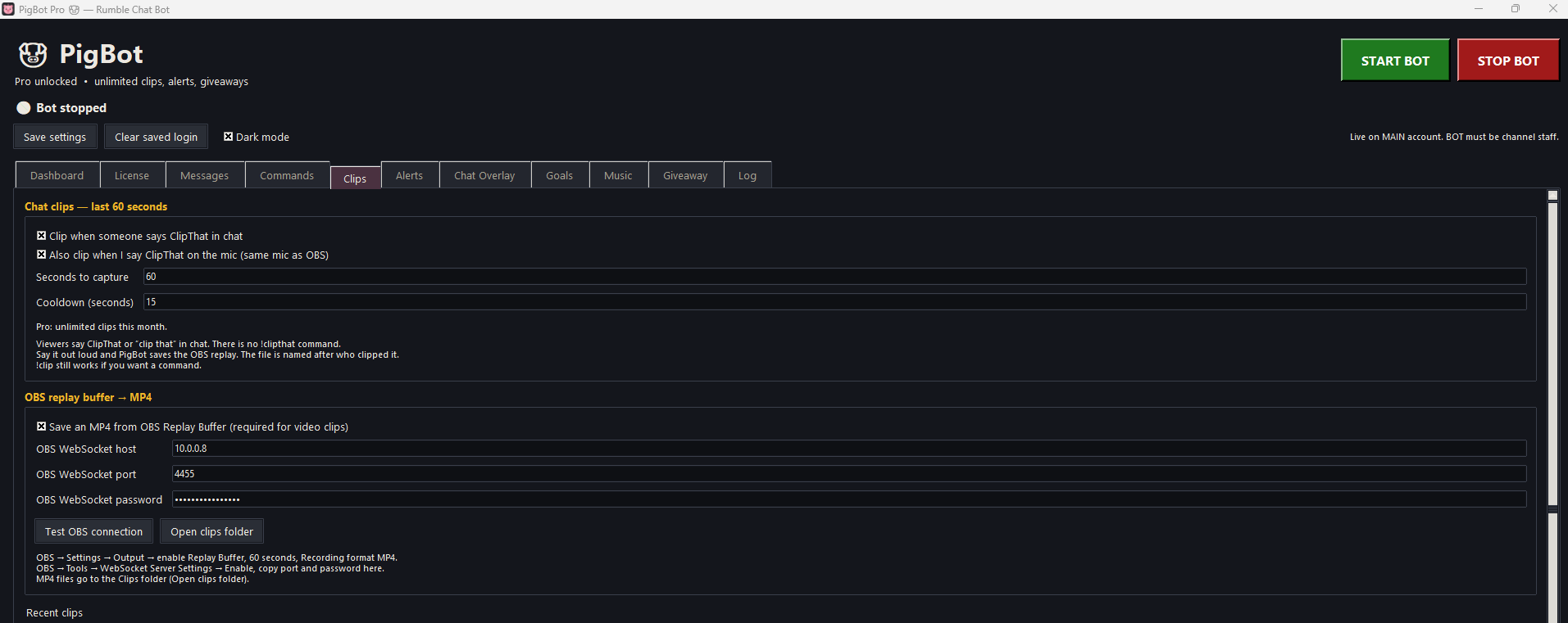 Clips tab for ClipThat, mic clips, and OBS replay buffer
