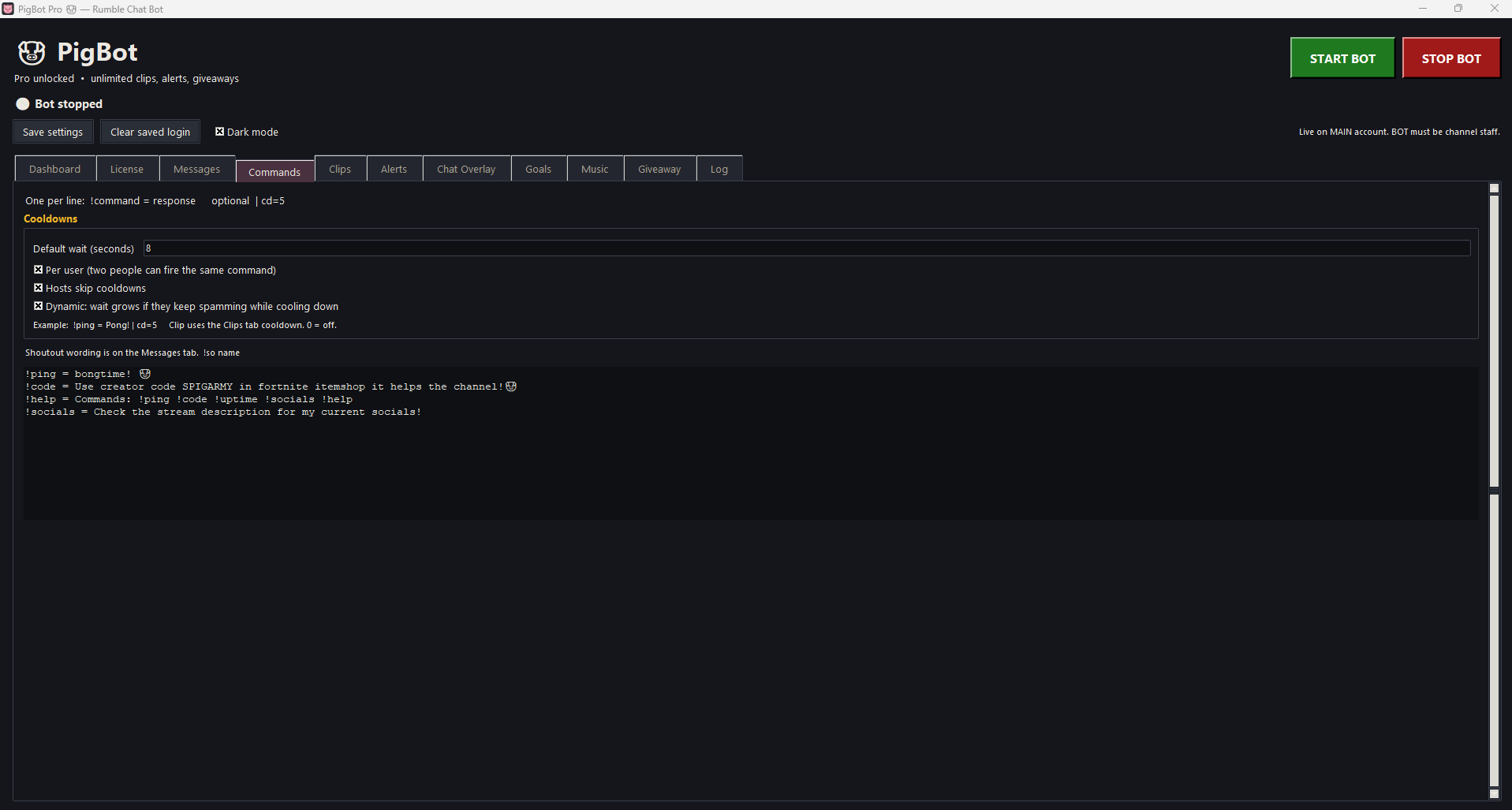 Commands tab with cooldowns and custom commands