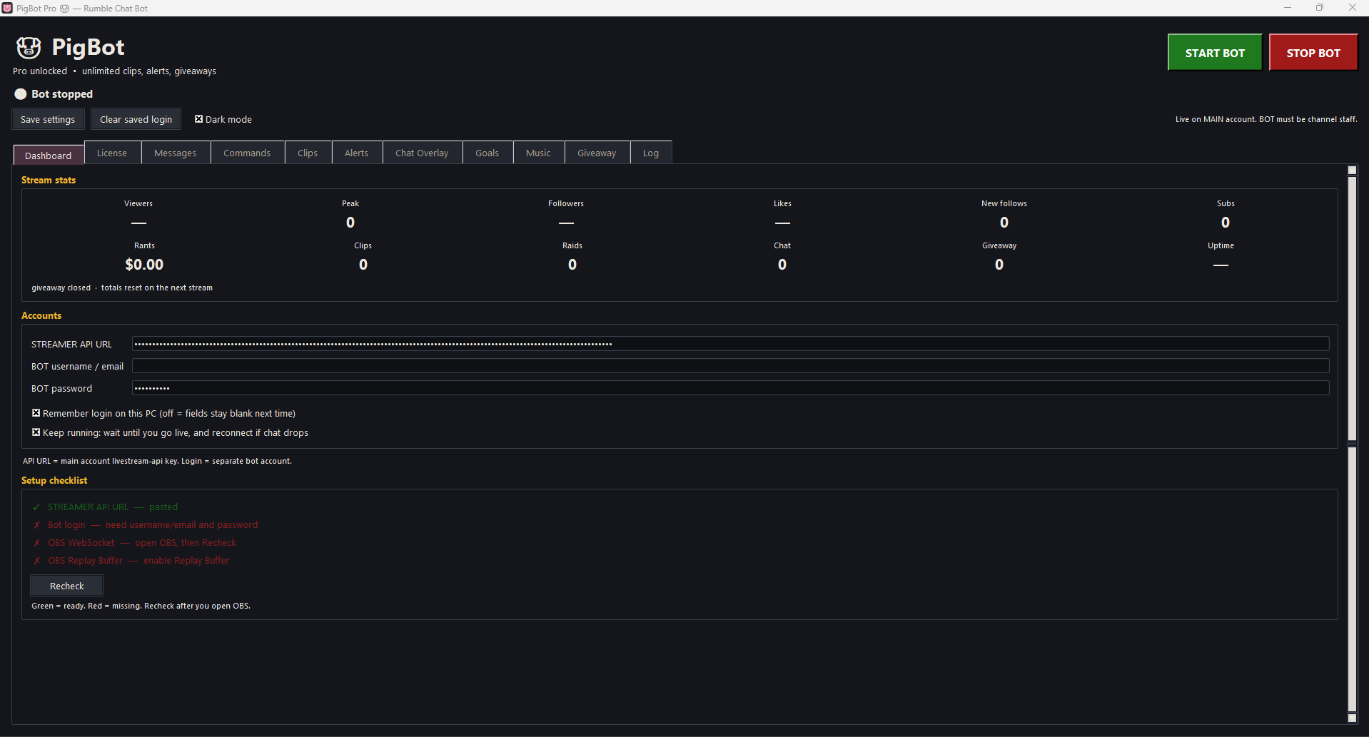 PigBot dashboard with stream stats, account fields, and setup checklist