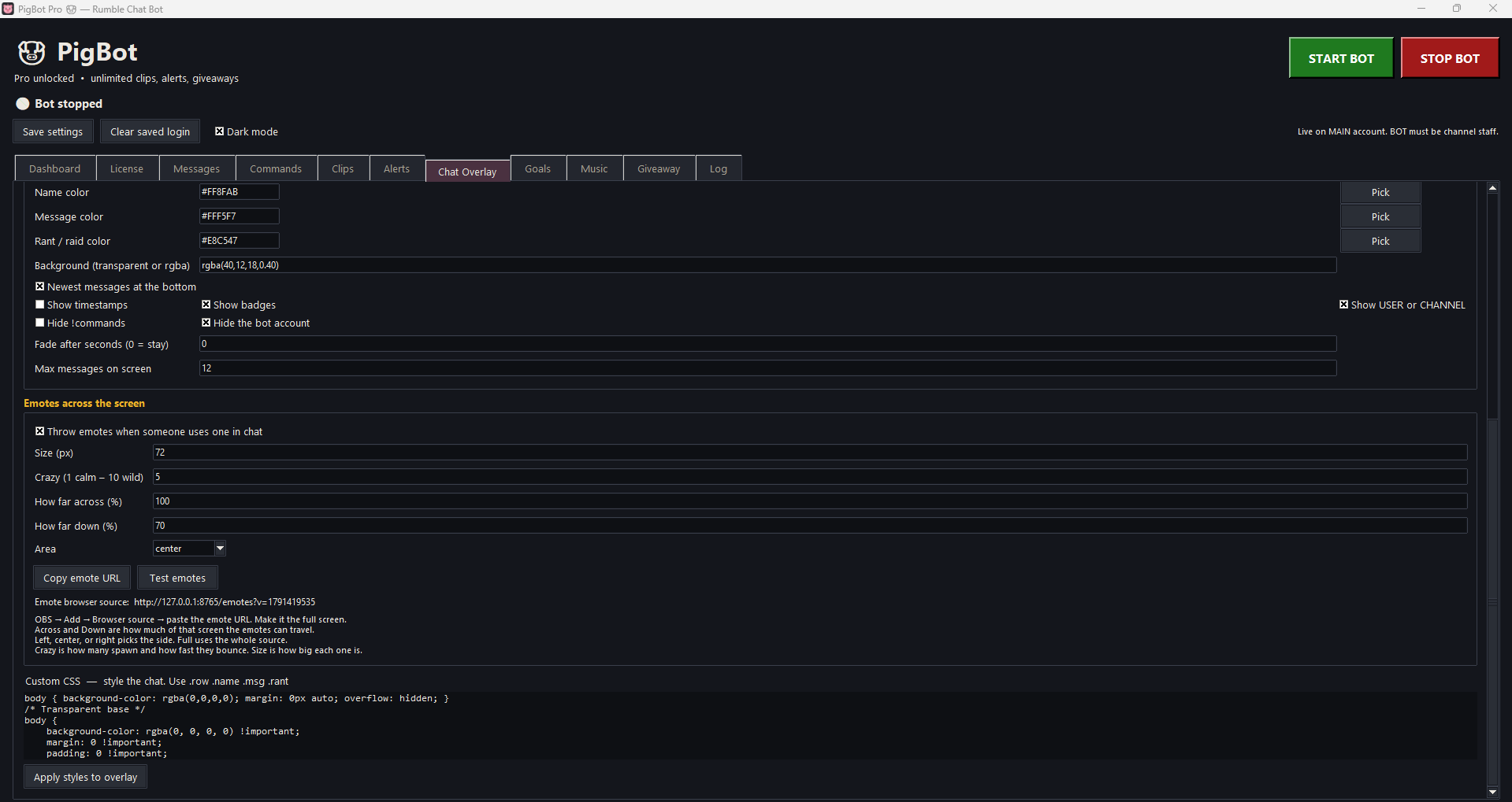 Emote overlay settings