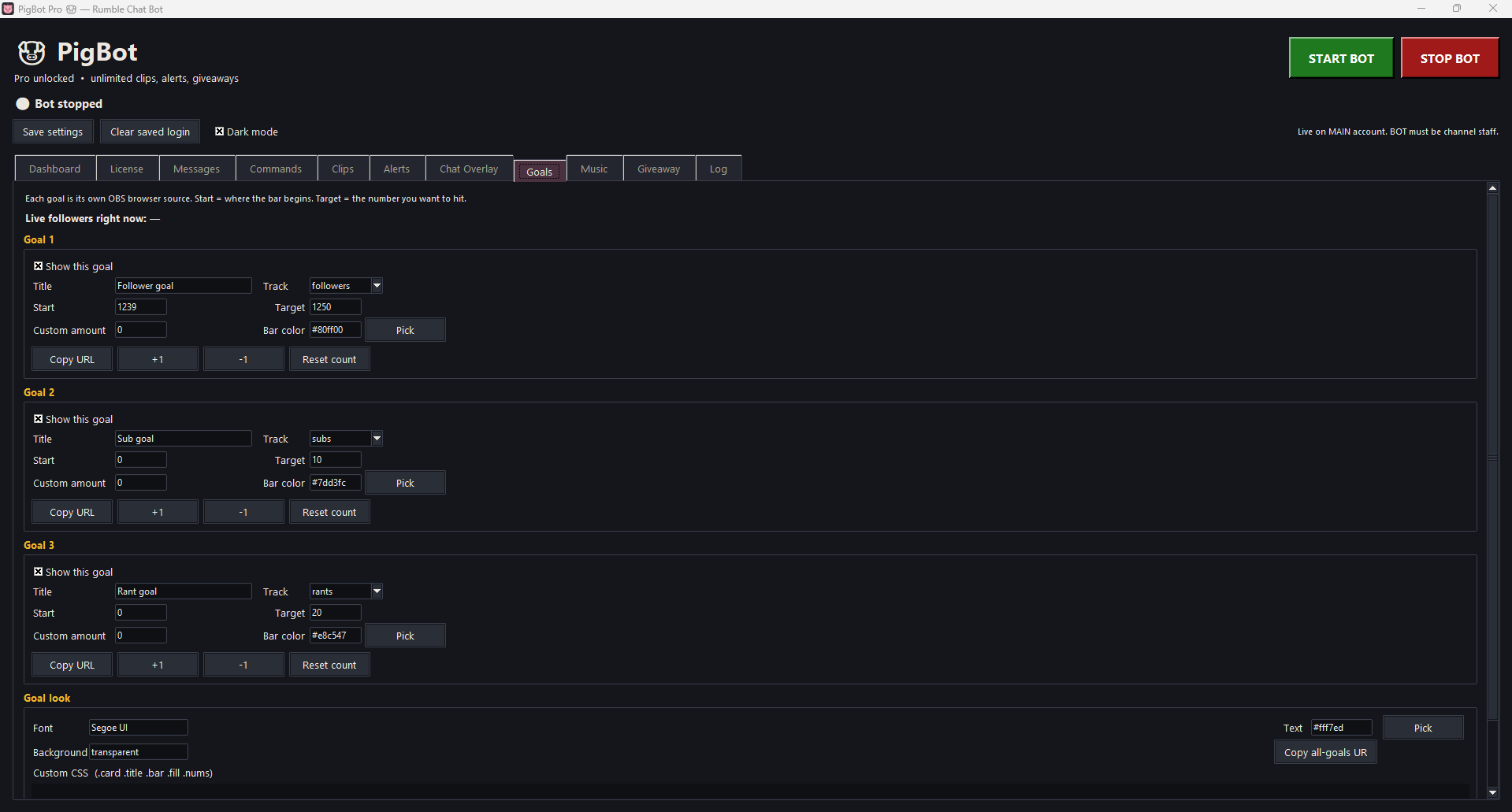 Goals tab with follower, sub, and rant bars