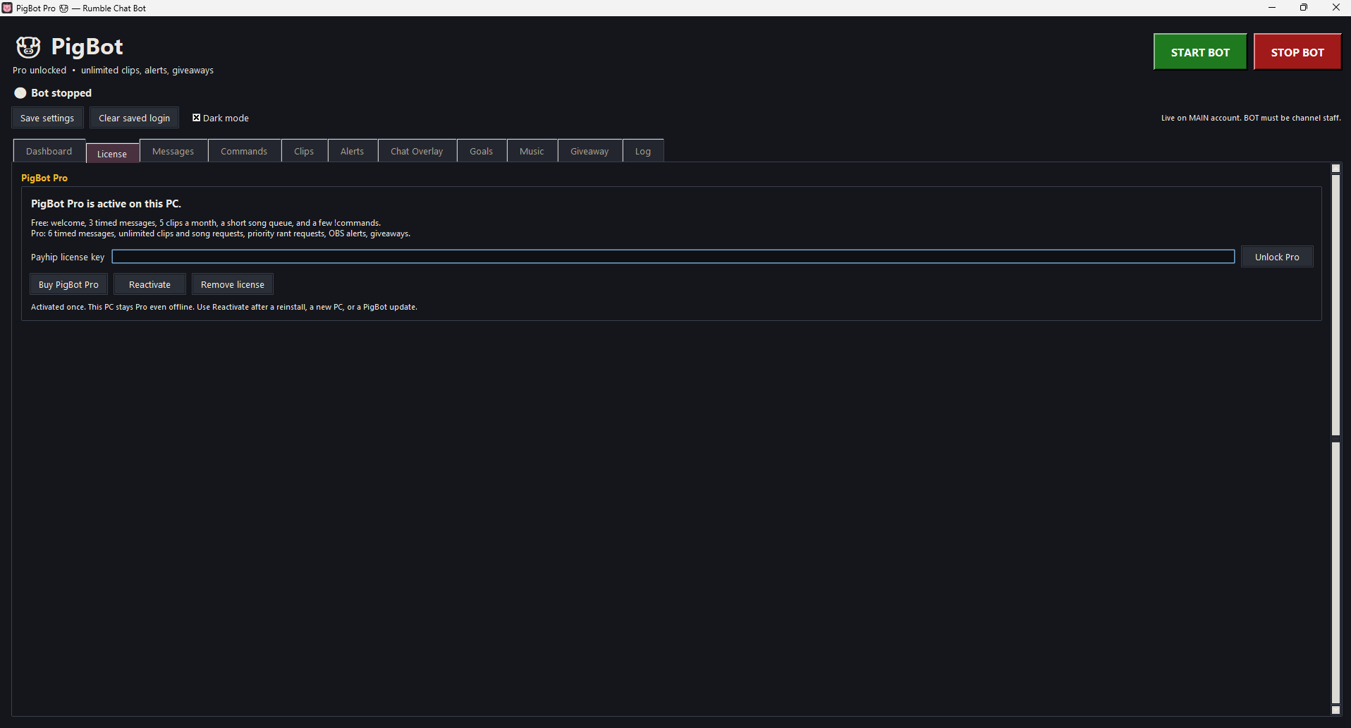 License tab showing PigBot Pro active on this PC
