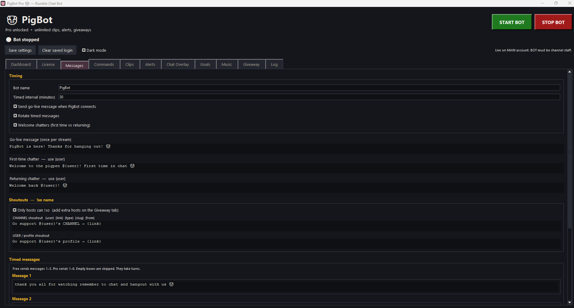 Messages tab with go-live, welcome-back, shoutouts, and timed messages