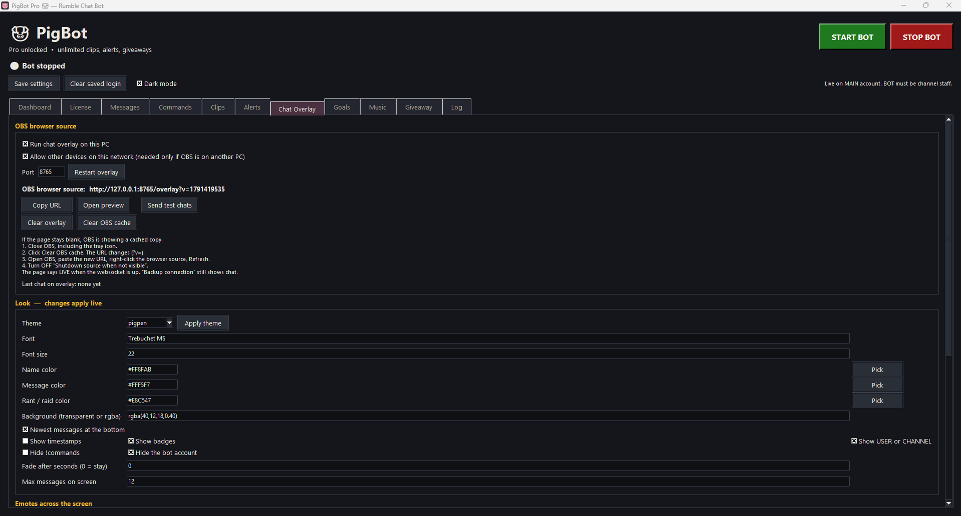 Chat overlay tab with OBS browser source URL